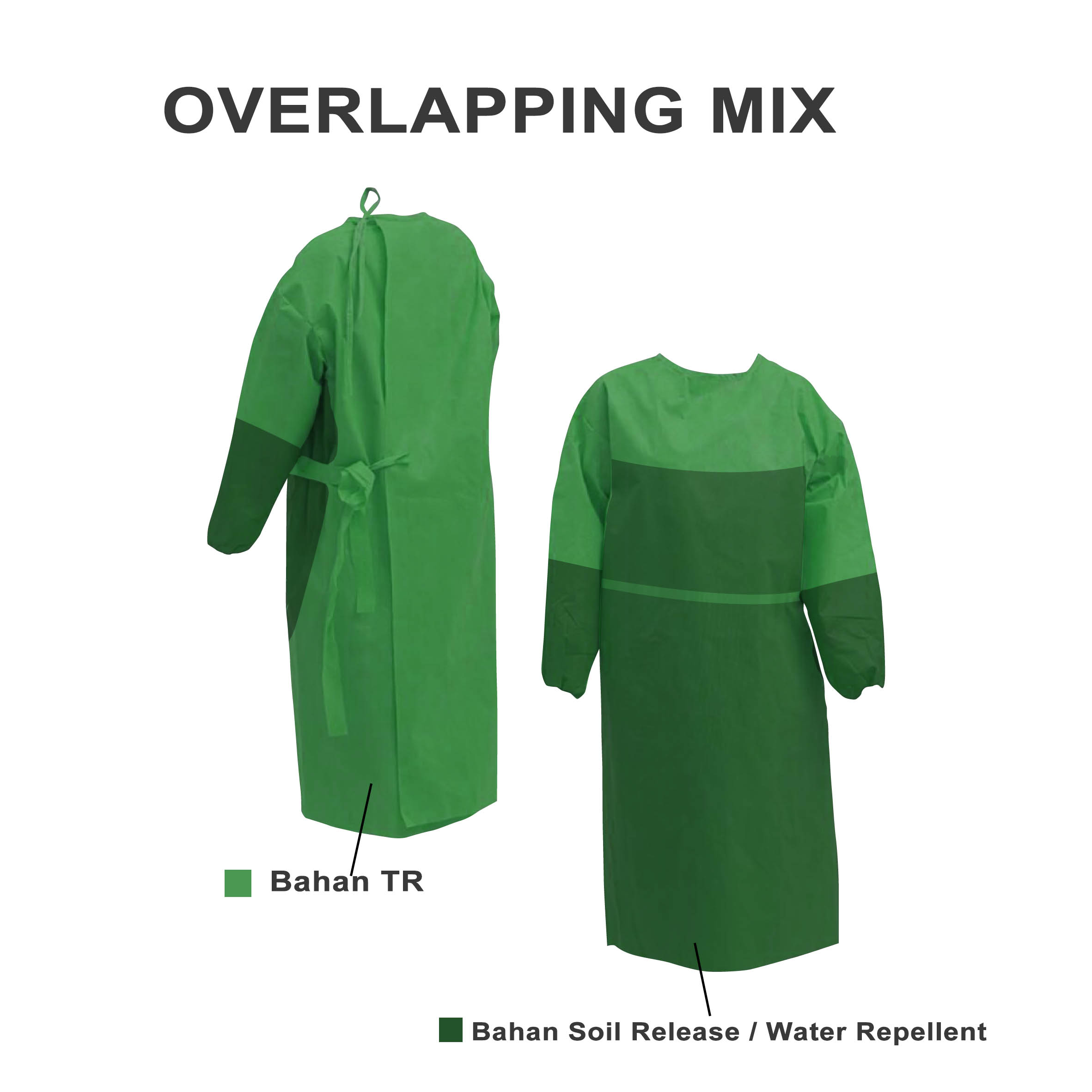 JUBAH OPERASI MODEL OVERLAPPING TR (MIX NON PERFORMANCE + WATER REPELLENT / SOIL RELEASE)